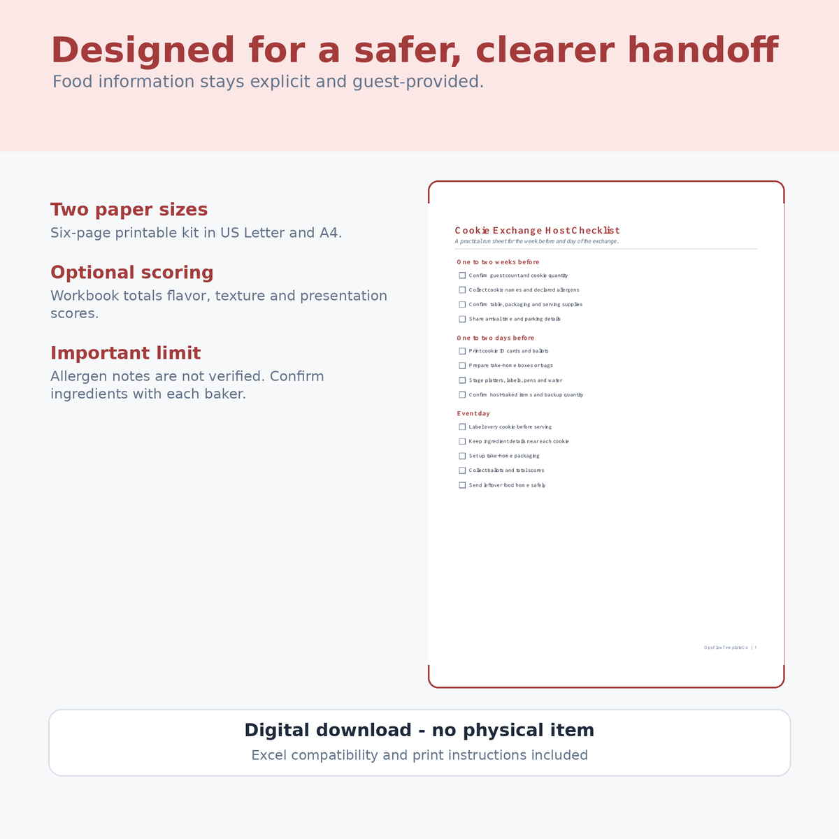 Cookie Exchange Host Planner inclusions and food information limit