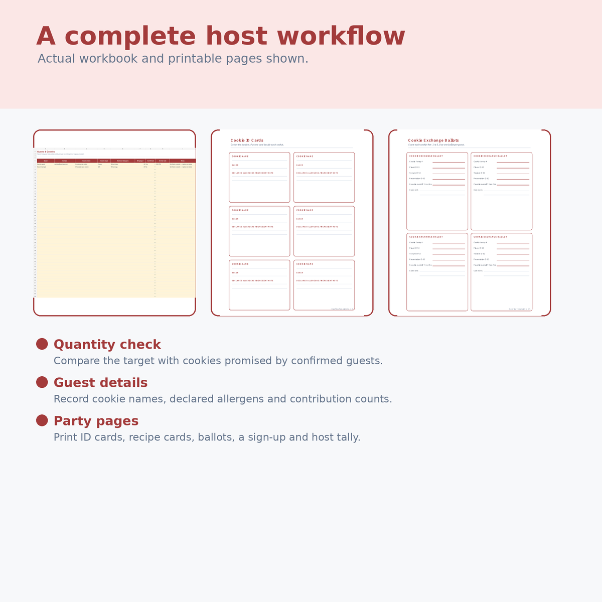 Cookie Exchange Host Planner workbook and printable views