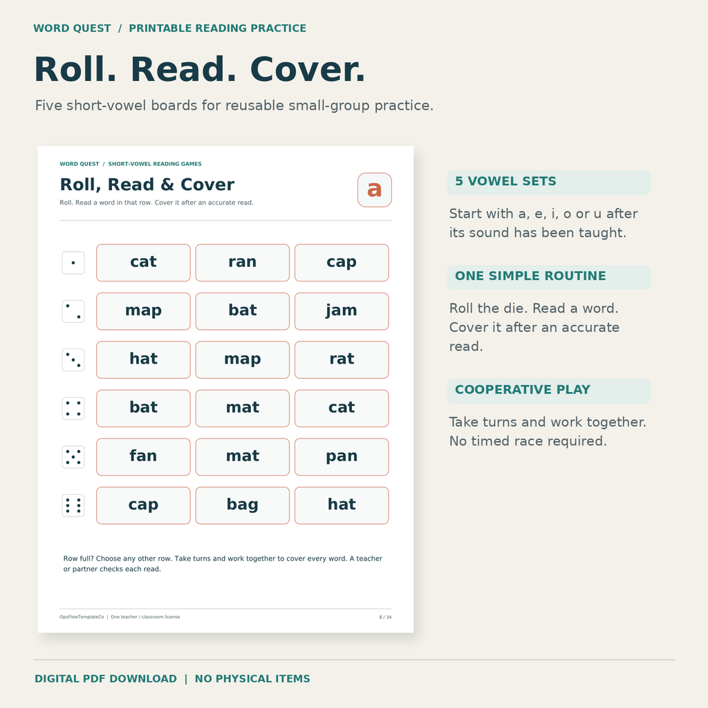Actual short a Roll Read and Cover page from the five-vowel printable game kit.