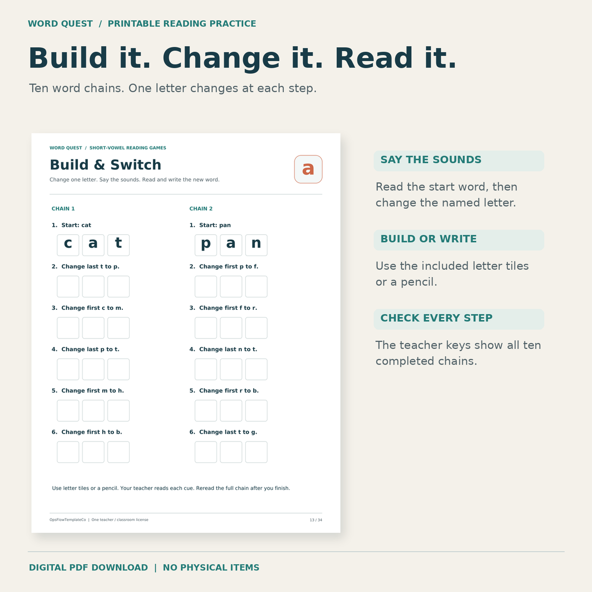 Actual Build and Switch word-chain page with blank three-letter writing boxes.