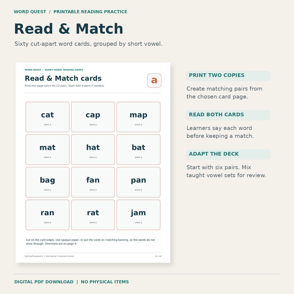 Actual cut-apart CVC word-card page for the Read and Match game.