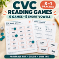 CVC reading games cover with staged previews of the included Roll Read and Cover board, word chain sheet and word cards.