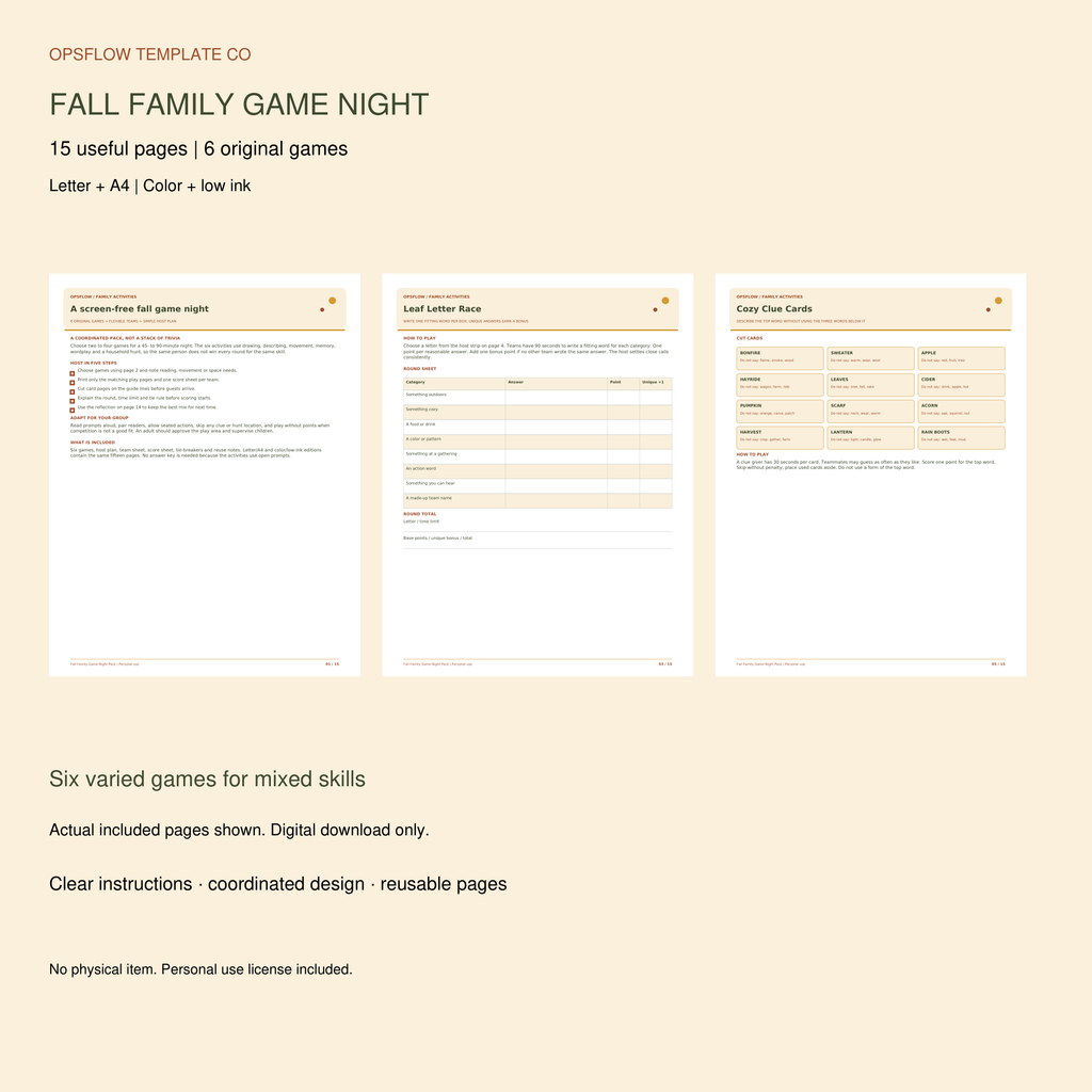 Fall family game night printable pack with actual game pages