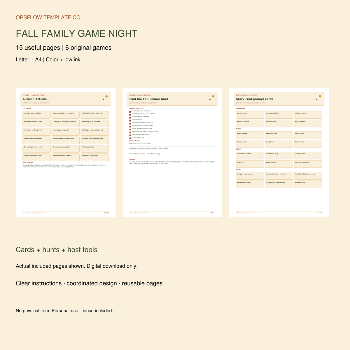 Six original fall games with host tools and reusable pages