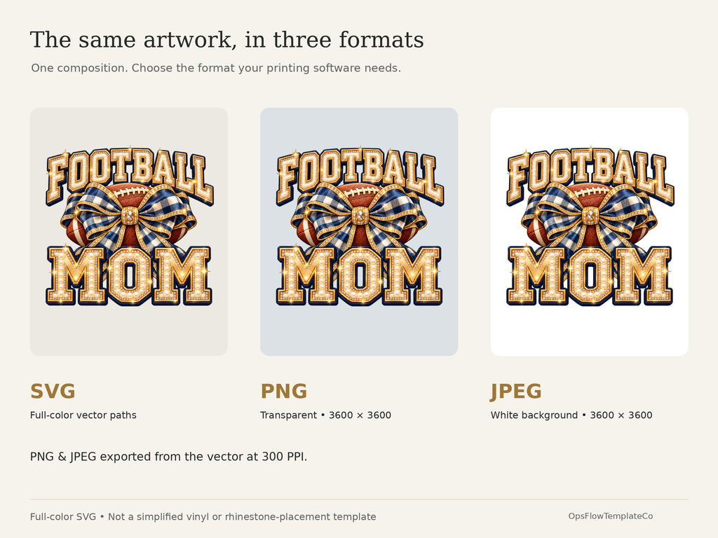 Football Mom Luxe digital art pack: included formats, 3600 pixel PNG and JPEG and full-color vector SVG.