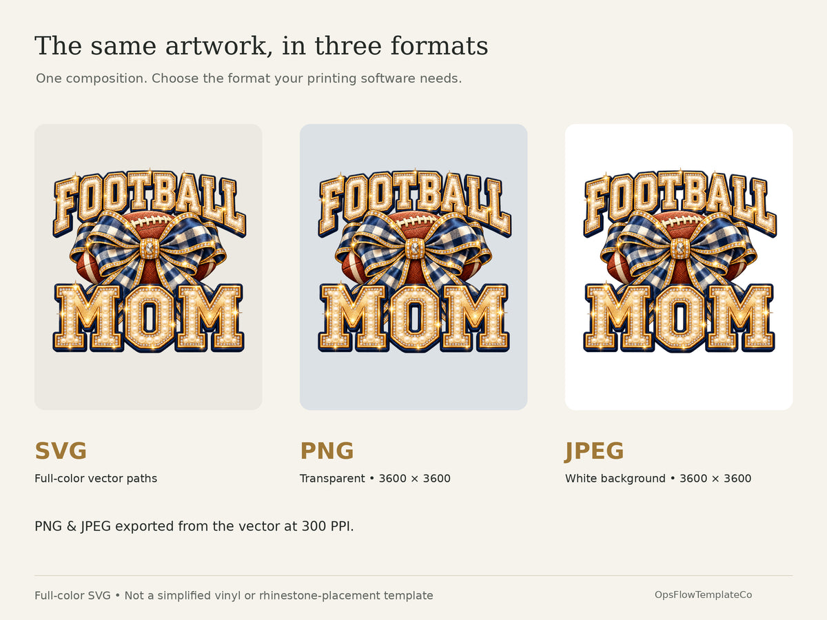 Football Mom Luxe digital art pack: included formats, 3600 pixel PNG and JPEG and full-color vector SVG.