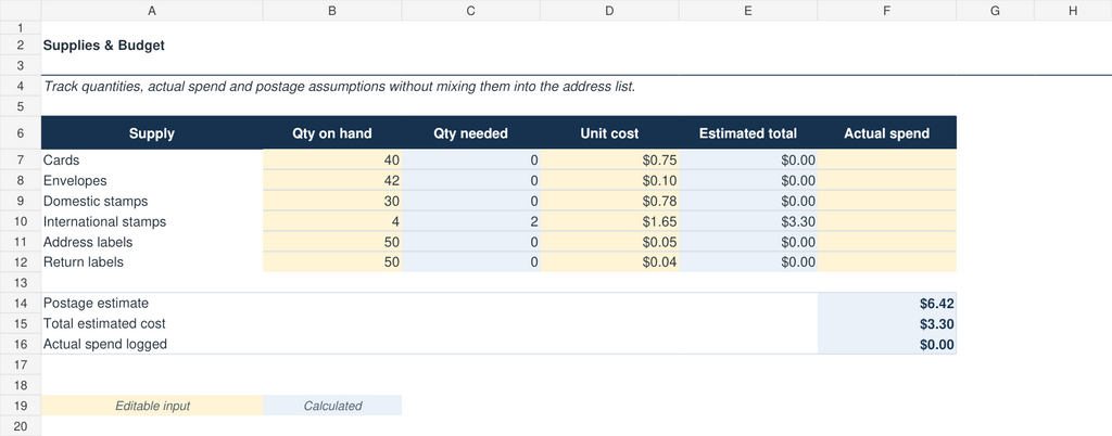 Holiday card supplies and postage budget spreadsheet