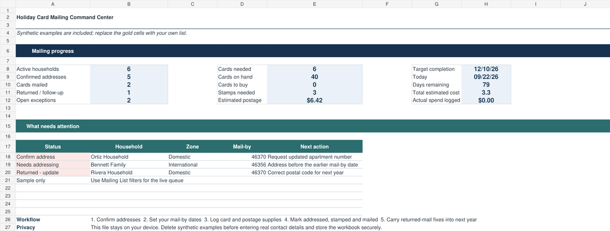 Holiday card mailing tracker Excel dashboard