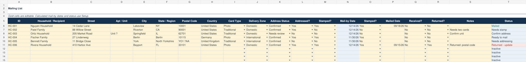Holiday card address and mailing list spreadsheet