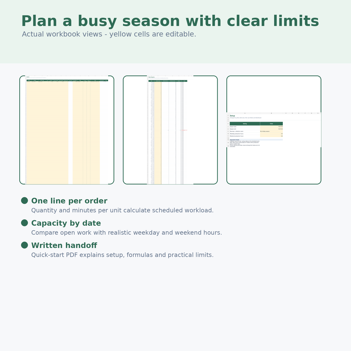 Holiday Order Capacity Planner workbook views
