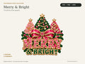 Merry and Bright Christmas trees with a pink satin bow and printed jewel effects; one digital design in SVG, PNG and JPEG.