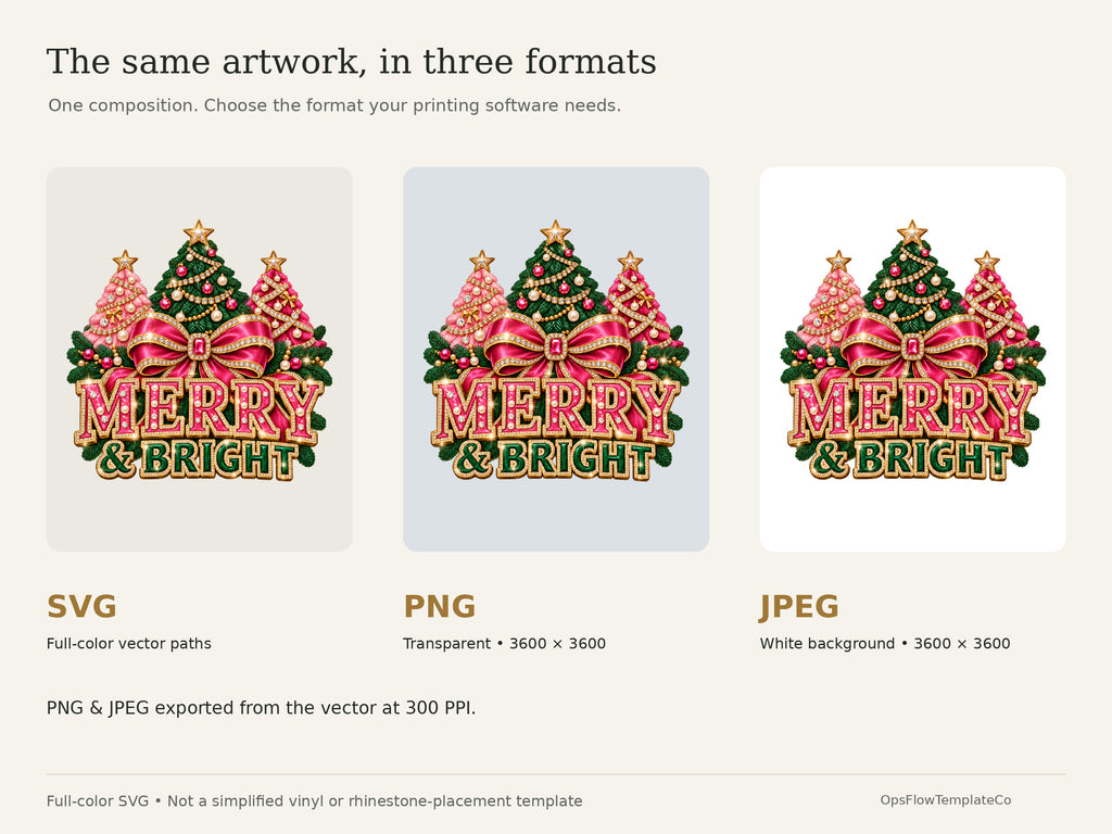 Merry Bright Luxe digital art pack: included formats, 3600 pixel PNG and JPEG and full-color vector SVG.