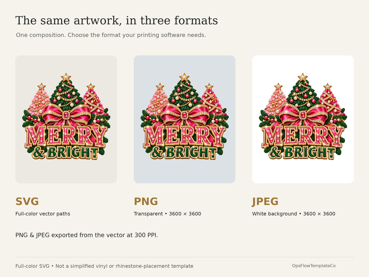 Merry Bright Luxe digital art pack: included formats, 3600 pixel PNG and JPEG and full-color vector SVG.