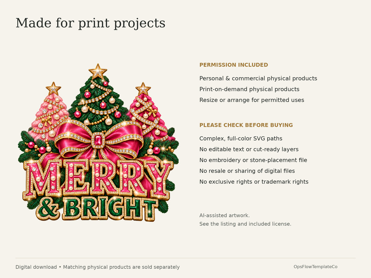 Merry Bright Luxe digital art pack: physical-product commercial-use permission and format limits.