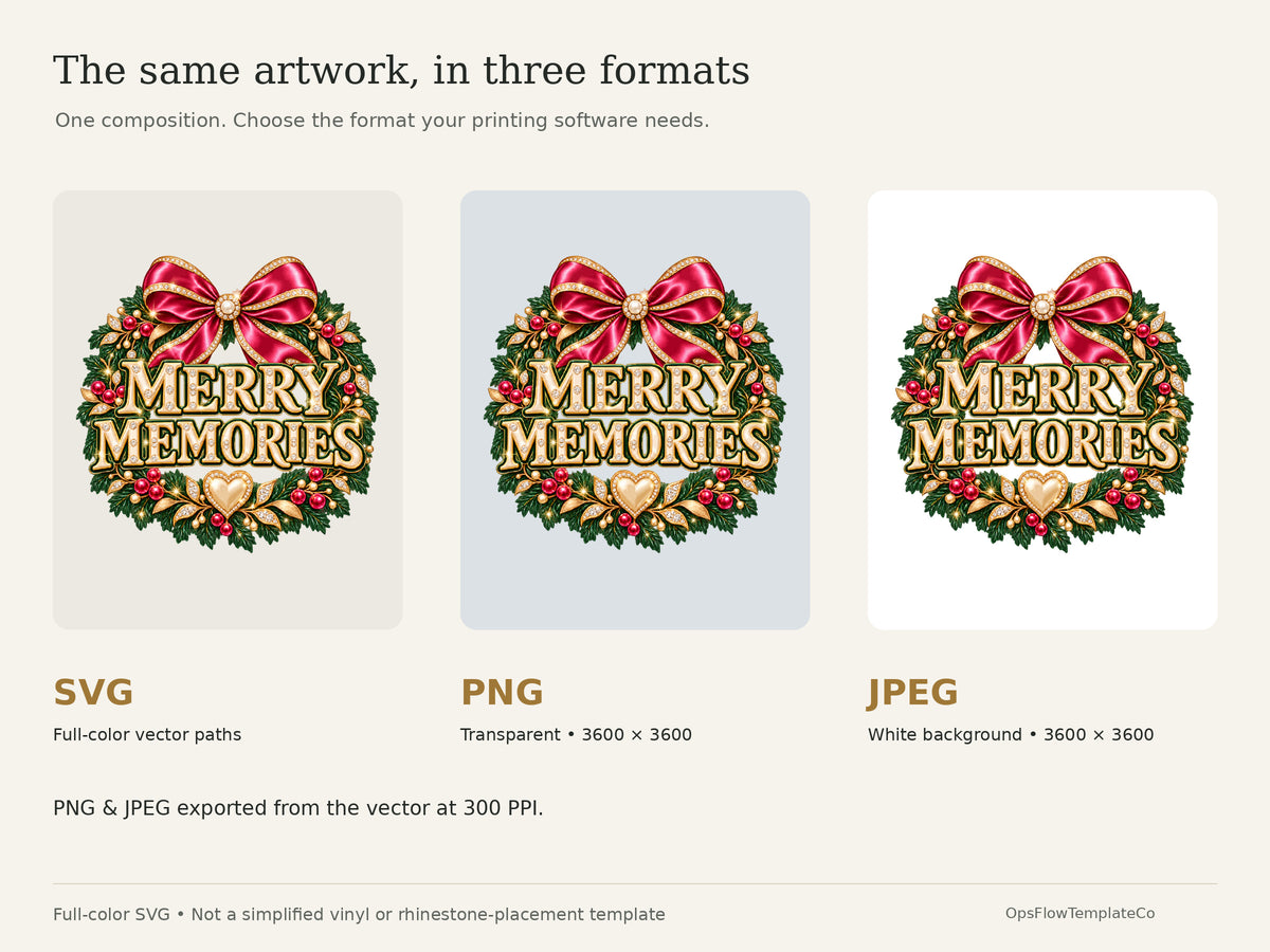 Merry Memories Luxe digital art: included formats and 3600 pixel exports. All dimensional effects are illustrated.