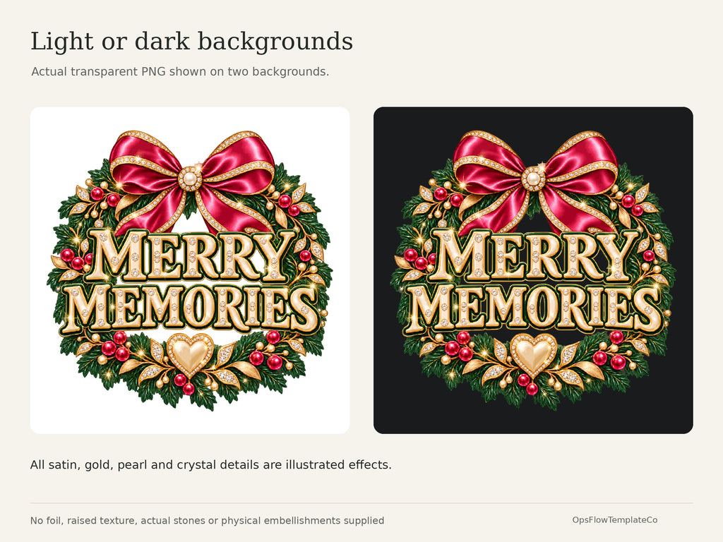 Merry Memories Luxe digital art: actual transparent artwork on light and dark backgrounds. All dimensional effects are illustrated.