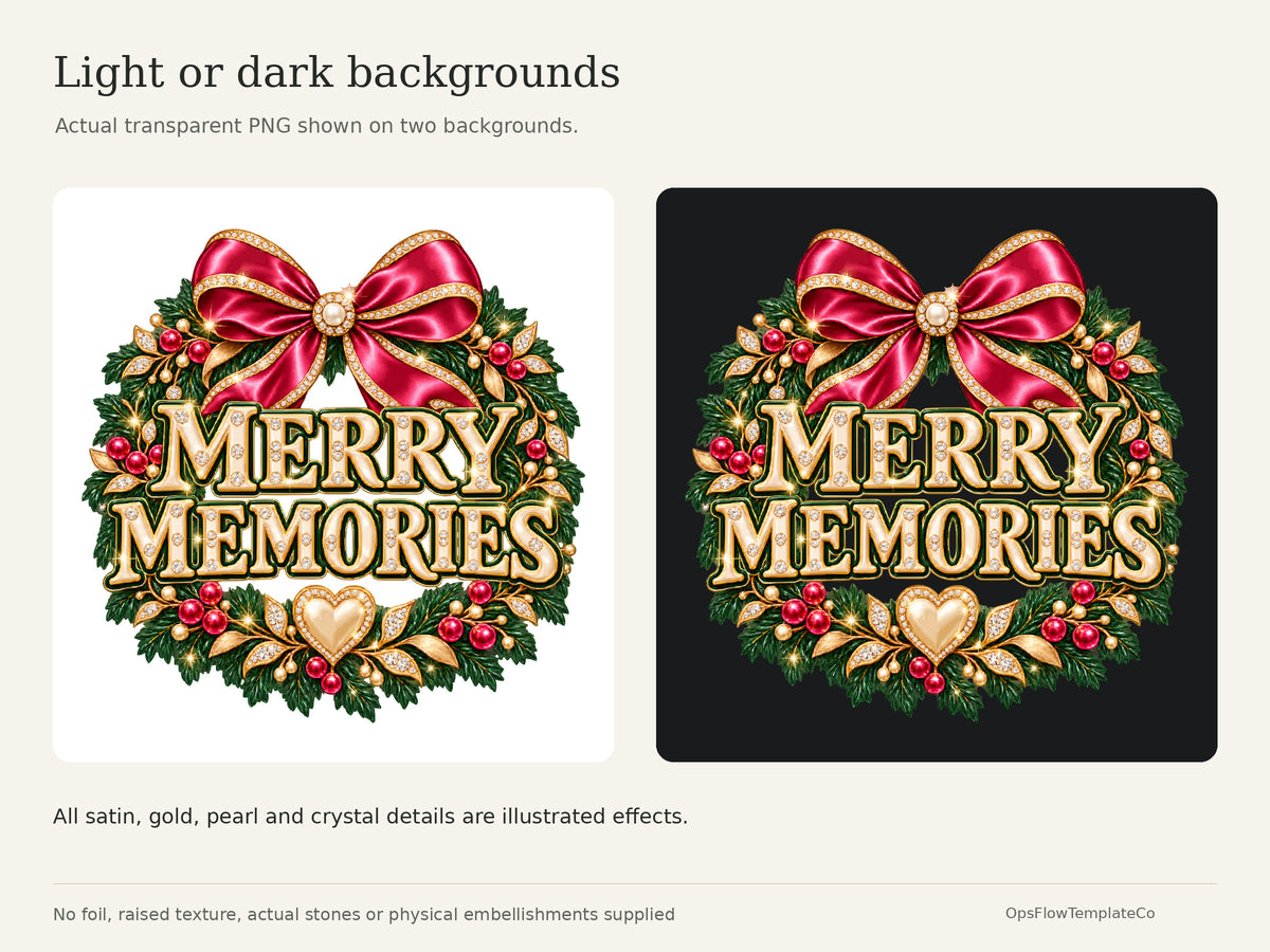 Merry Memories Luxe digital art: actual transparent artwork on light and dark backgrounds. All dimensional effects are illustrated.