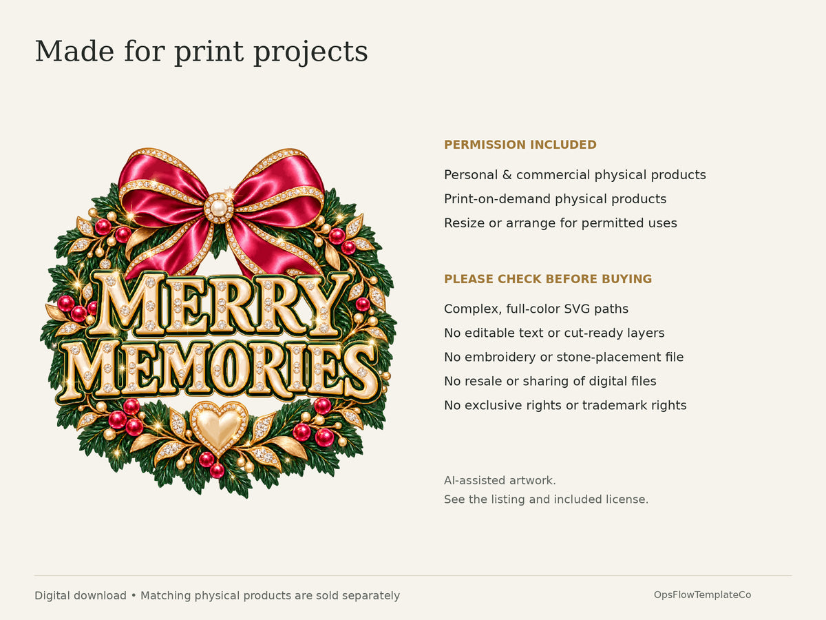 Merry Memories Luxe digital art: physical-product use permission and complex vector format limits. All dimensional effects are illustrated.