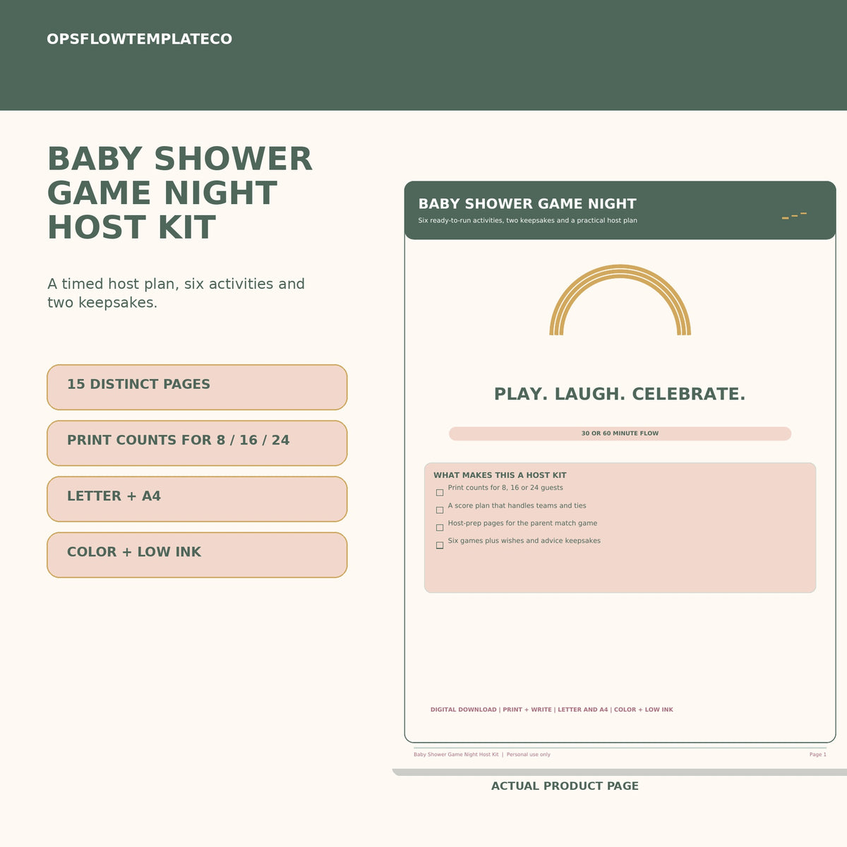 Baby Shower Games Printable and Host Guide, 6 Activities, Score Sheet, Letter + A4 Game Night Kit — actual included pages, preview 1