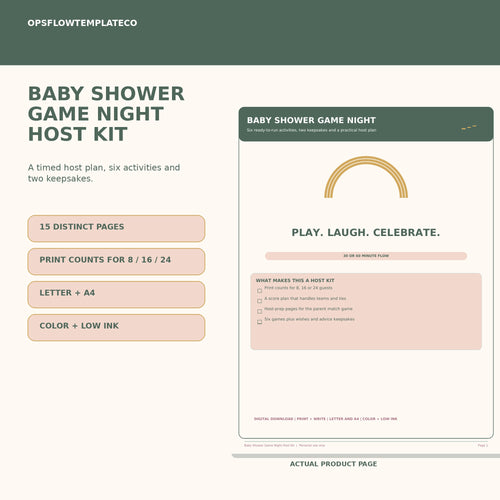 Baby Shower Games Printable and Host Guide, 6 Activities, Score Sheet, Letter + A4 Game Night Kit — actual included pages, preview 1