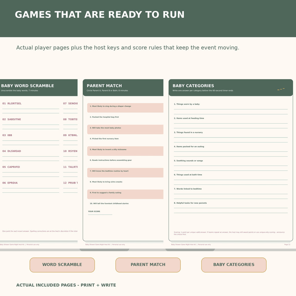 Baby Shower Games Printable and Host Guide, 6 Activities, Score Sheet, Letter + A4 Game Night Kit — actual included pages, preview 2