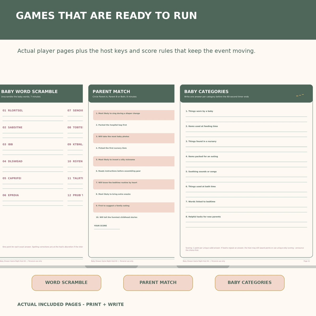 Baby Shower Games Printable and Host Guide, 6 Activities, Score Sheet, Letter + A4 Game Night Kit — actual included pages, preview 2