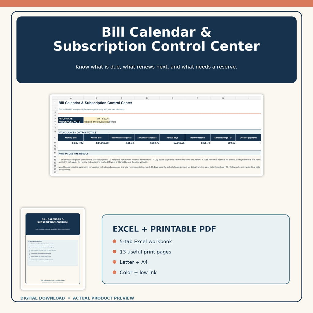 Bill Calendar & Subscription Tracker Spreadsheet, Monthly Payment Planner, Excel + Printable PDF — actual included pages, preview 1