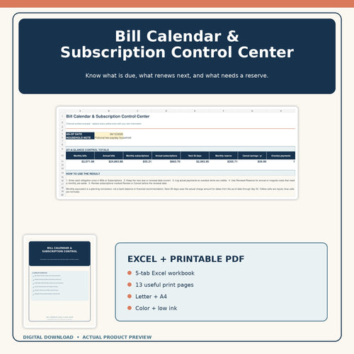 Bill Calendar & Subscription Tracker Spreadsheet, Monthly Payment Planner, Excel + Printable PDF — actual included pages, preview 1