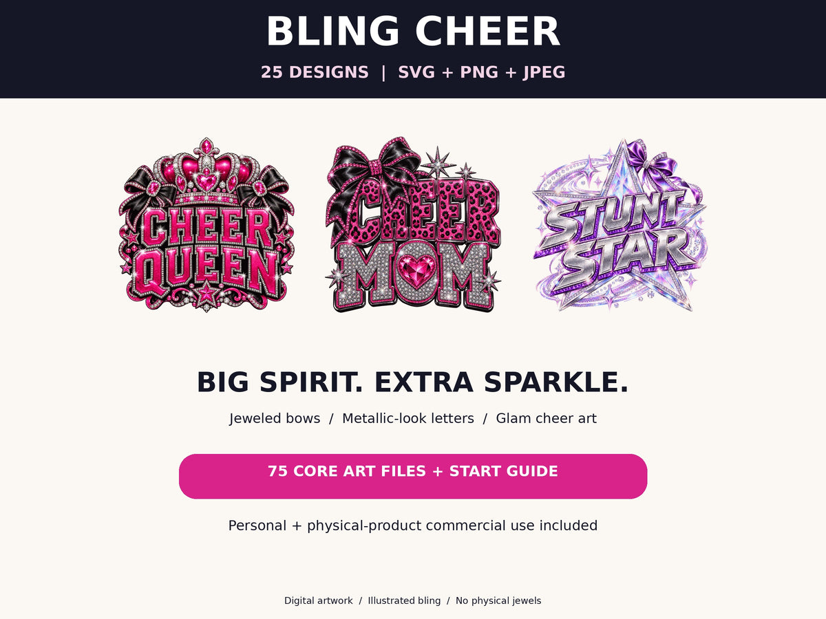 Bling Cheer bundle: 25 designs in SVG, transparent PNG and white JPEG, illustrated jewel effects