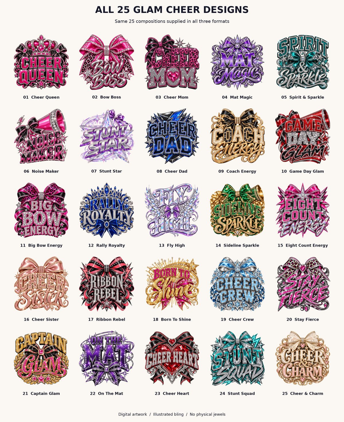 All 25 included glam cheer designs with numbered names