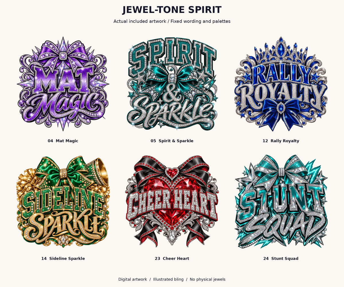 Purple, teal, blue, green and ruby cheer graphics