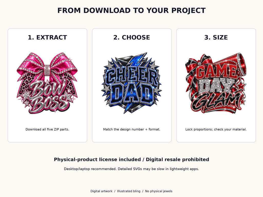 Download all five ZIP parts, choose a design and size your project