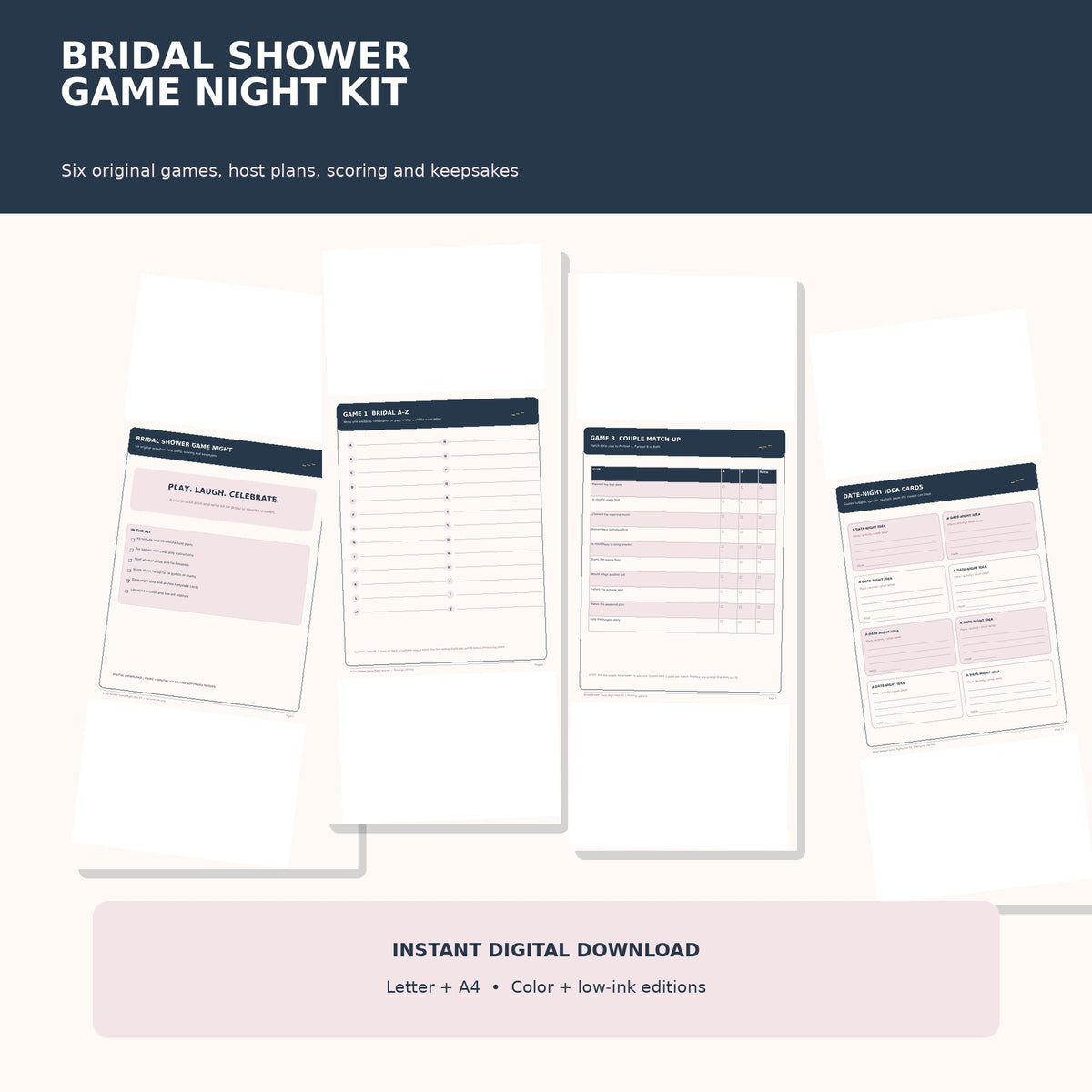Bridal Shower Games Printable Bundle, 6 Party Games, Host Guide, Score Sheet, Letter & A4 PDF — actual included pages, preview 1