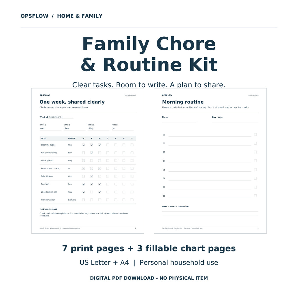 Family Chore Chart & Routine Kit, Fillable PDF (US Letter and A4 Digital Download) — actual included pages, preview 1