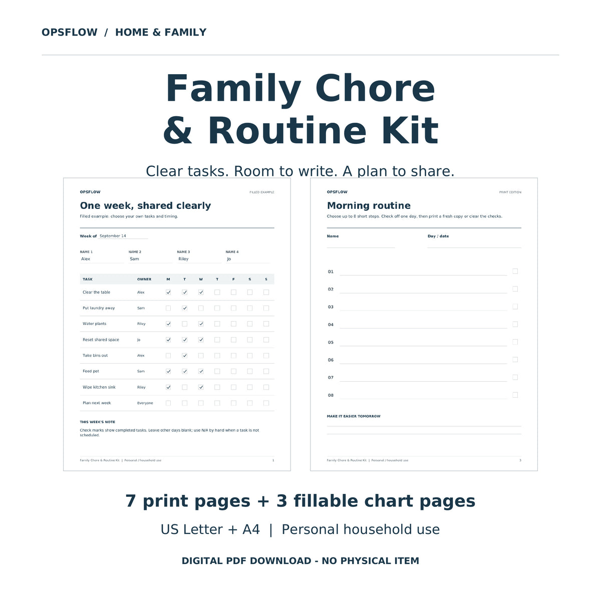 Family Chore Chart & Routine Kit, Fillable PDF (US Letter and A4 Digital Download) — actual included pages, preview 1