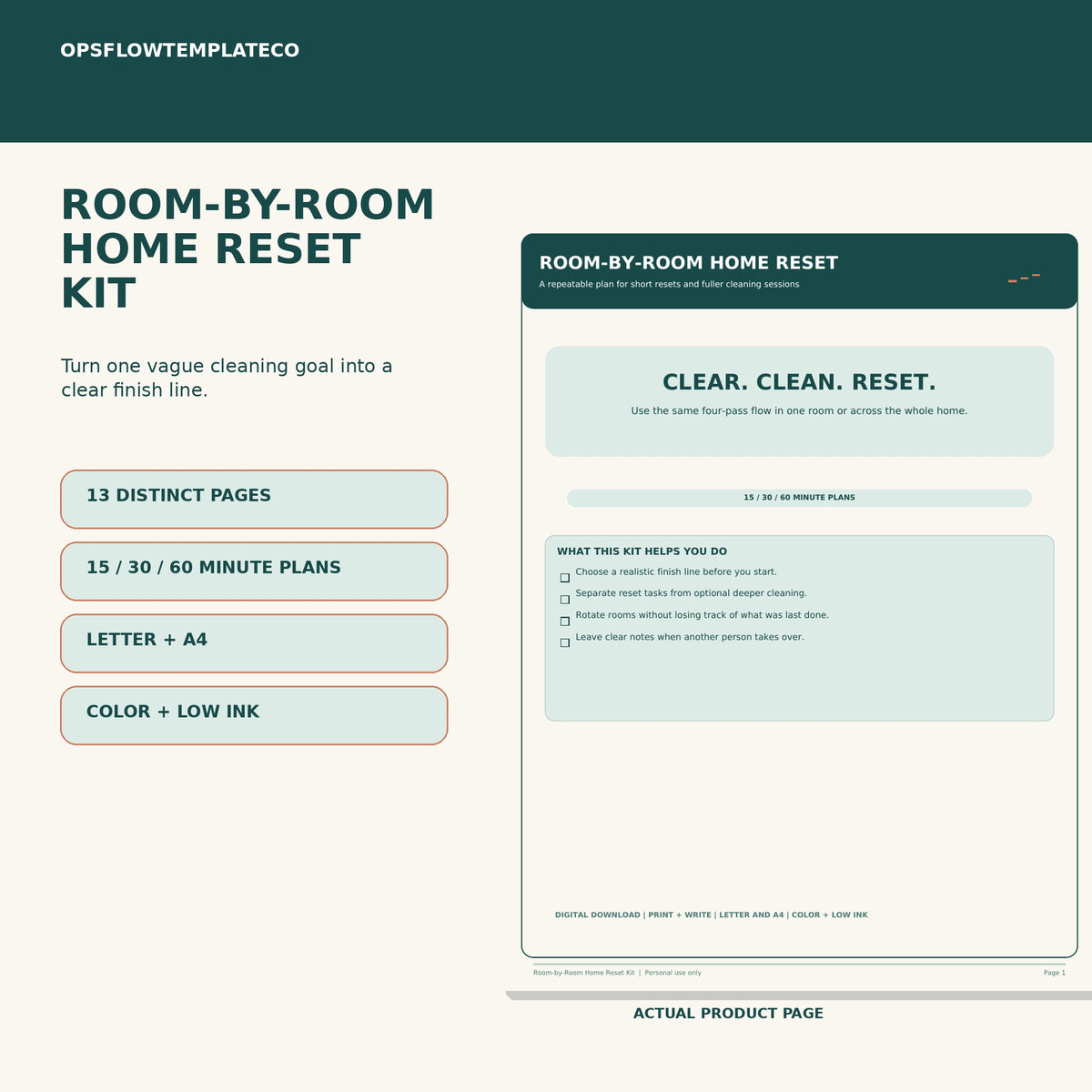 Room-by-Room Cleaning Checklist and Home Reset Planner, 15/30/60 Minute Printable PDF, Letter + A4 — actual included pages, preview 1