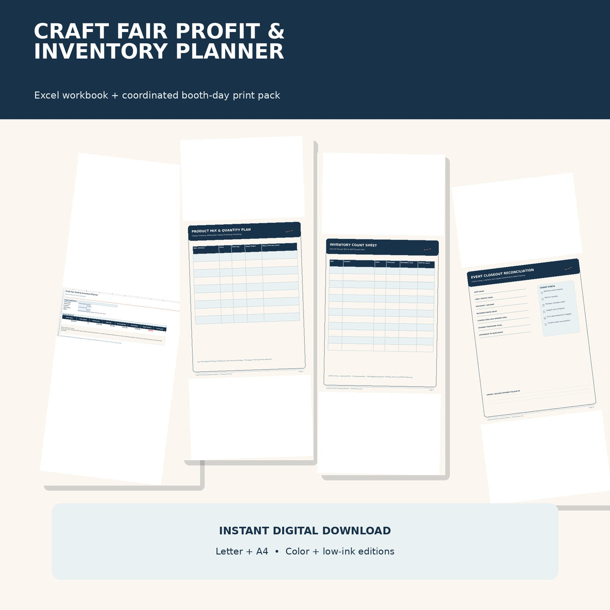 Craft Fair Planner Spreadsheet, Inventory & Profit Tracker, Vendor Event Sales Log, Excel + Printable PDF — actual included pages, preview 1