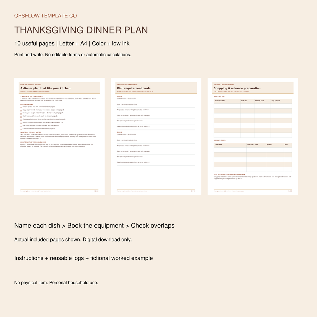 Actual printable Thanksgiving Dinner and Oven Planner pages; print-and-write PDF