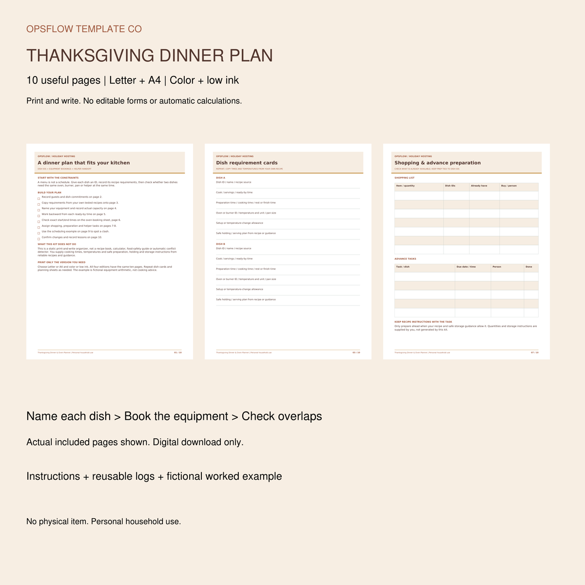 Actual printable Thanksgiving Dinner and Oven Planner pages; print-and-write PDF