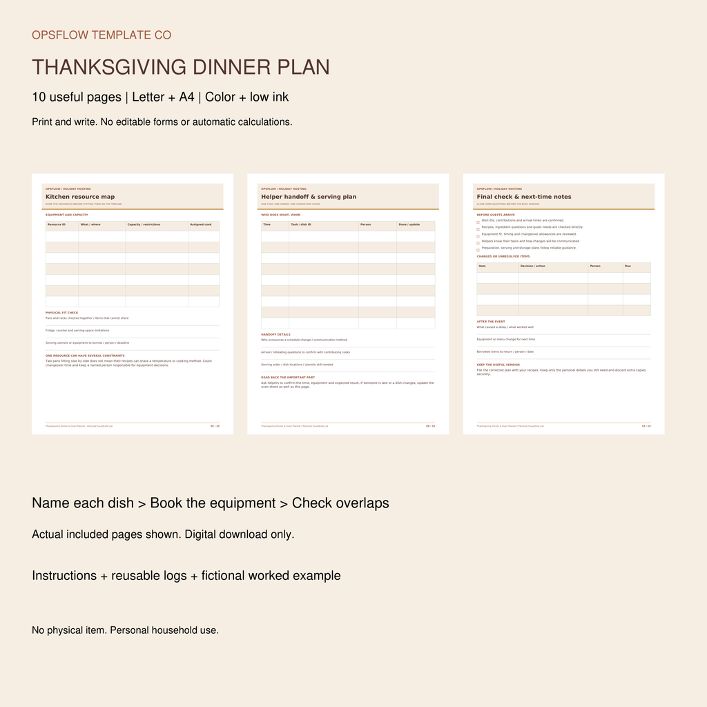 Actual printable Thanksgiving Dinner and Oven Planner pages; print-and-write PDF