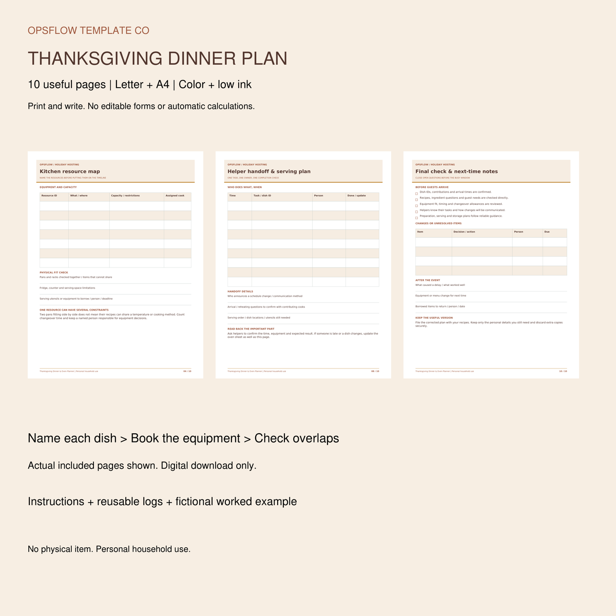 Actual printable Thanksgiving Dinner and Oven Planner pages; print-and-write PDF