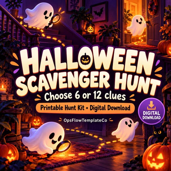 Halloween Scavenger Hunt Printable: Indoor Clues, 6 or 12 Stops & Host Map