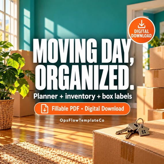 Moving Planner & Box Labels Kit, Fillable Inventory and Room Signs, Printable PDF