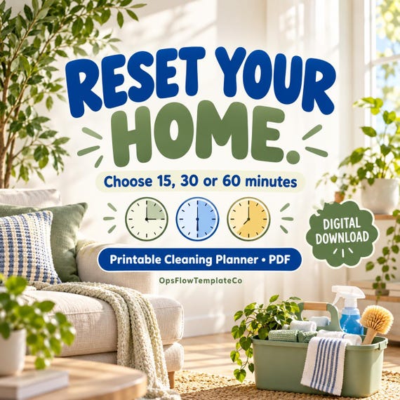Room-by-Room Home Reset Planner, 15/30/60 Minute Cleaning Checklist (PDF)