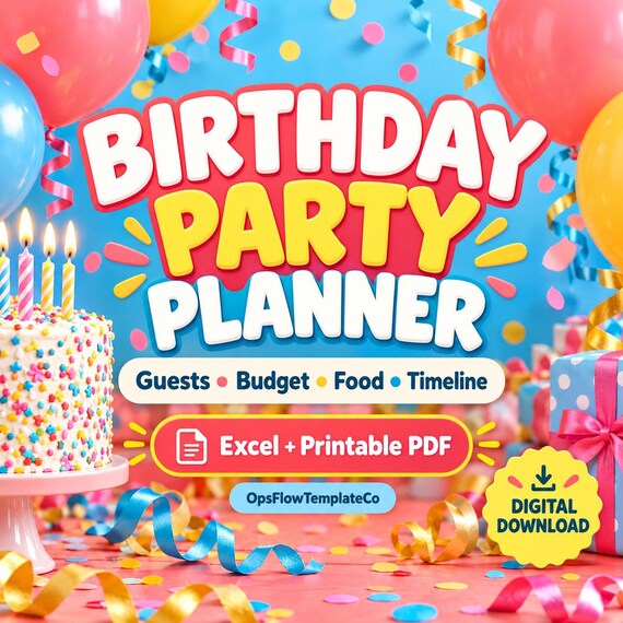 Birthday Party Planner Spreadsheet, Guest List, Budget, Food Calculator, Timeline, Excel and Printable PDF