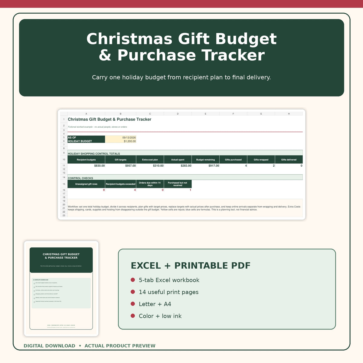 Christmas Gift Budget Tracker Spreadsheet, Holiday Shopping Planner, Gift List, Excel + Printable PDF — actual included pages, preview 1