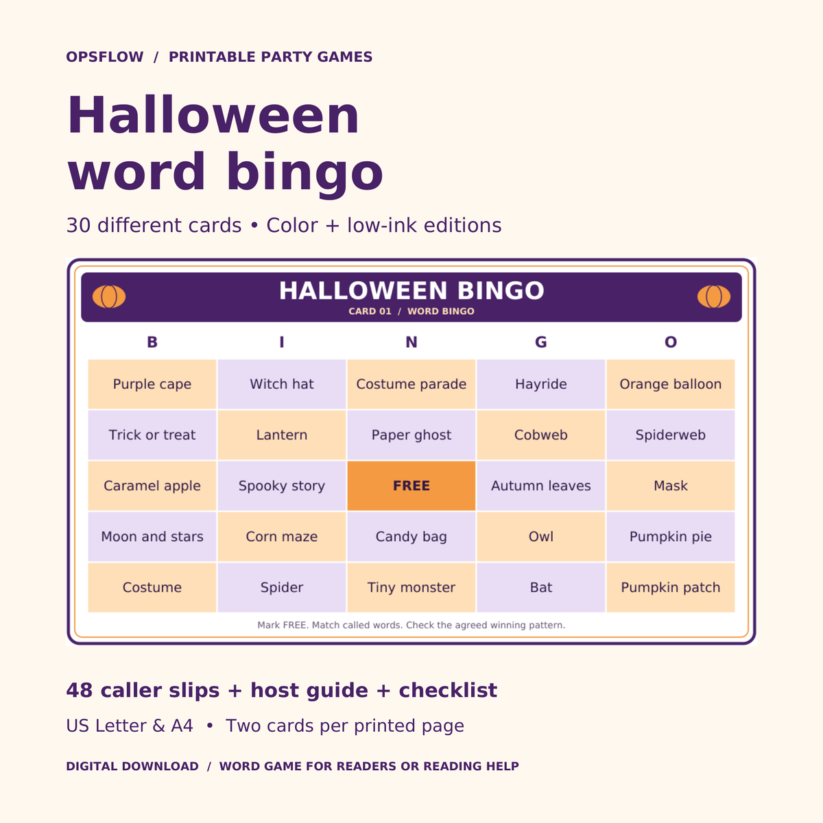 Orange and purple Halloween word bingo kit with 30 different cards, caller slips and color and low-ink editions