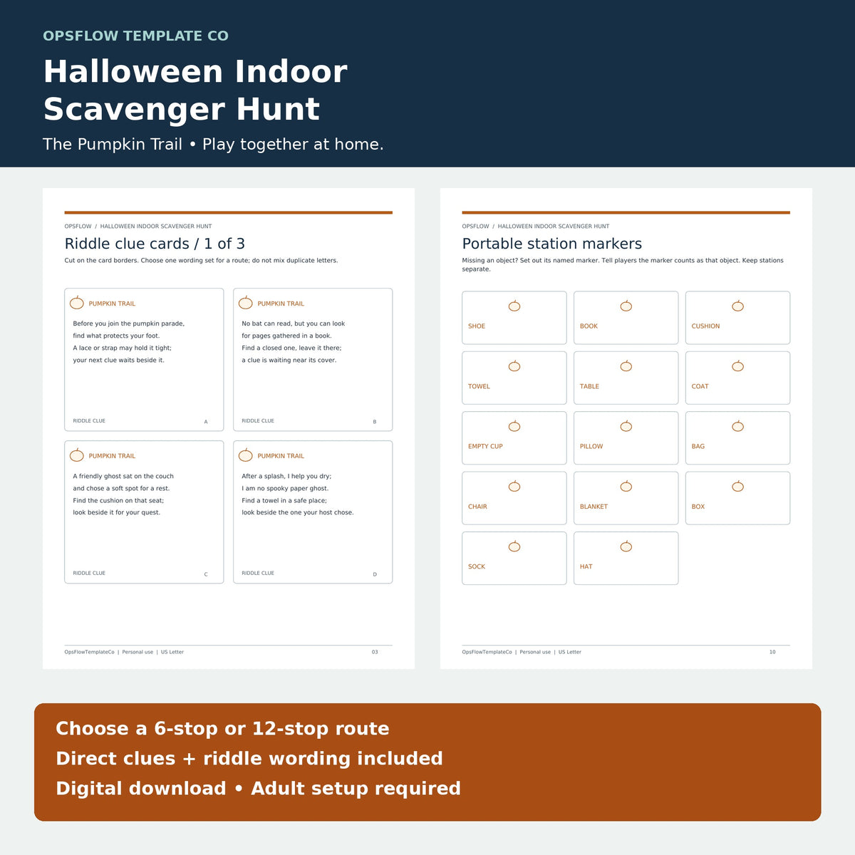 Halloween Indoor Scavenger Hunt Printable, 6 or 12 Clues, Host Map and Station Markers — actual included pages, preview 1
