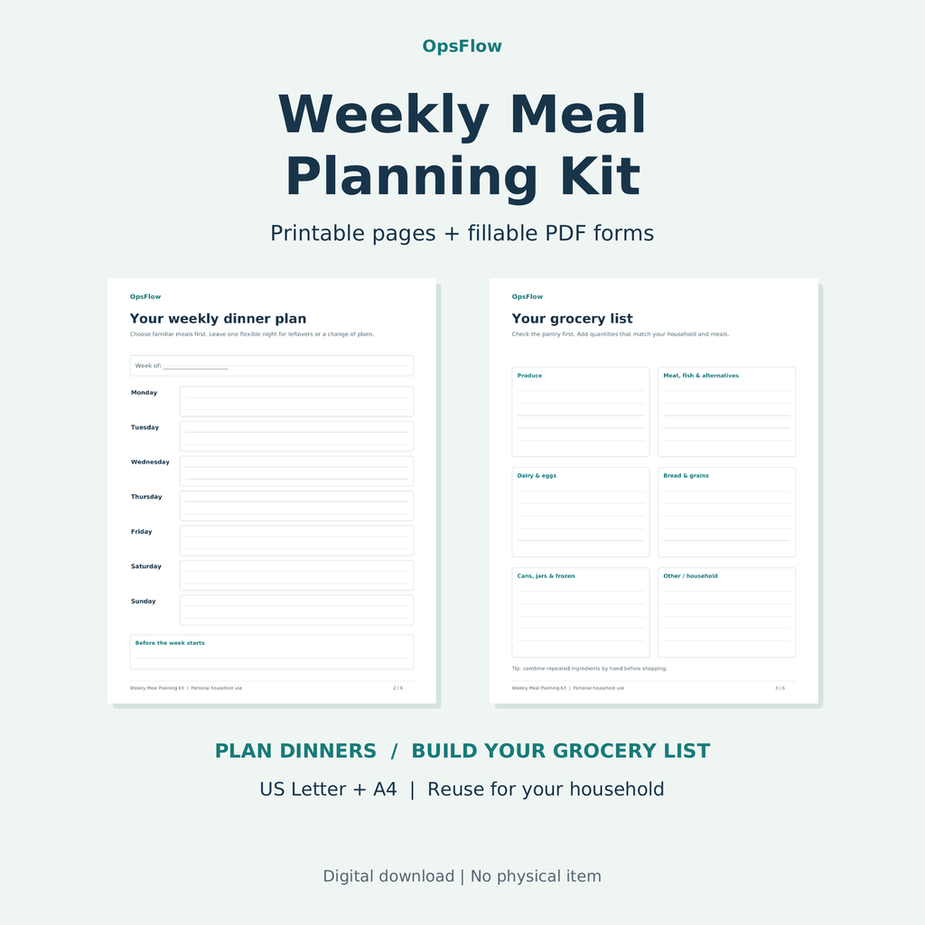 Weekly Meal Planner and Grocery List Kit, Printable PDF (US Letter + A4) — actual included pages, preview 1