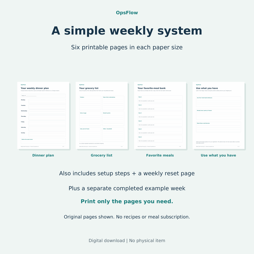 Weekly Meal Planner and Grocery List Kit, Printable PDF (US Letter + A4) — actual included pages, preview 2